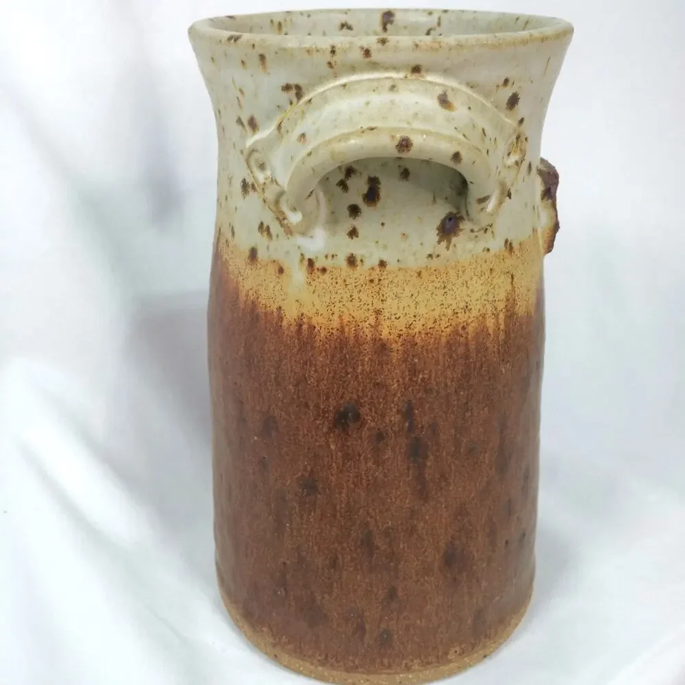 Earthenware Artisan Made Utensil Vase Handles Rustic Earthy Pottery Crock Flower